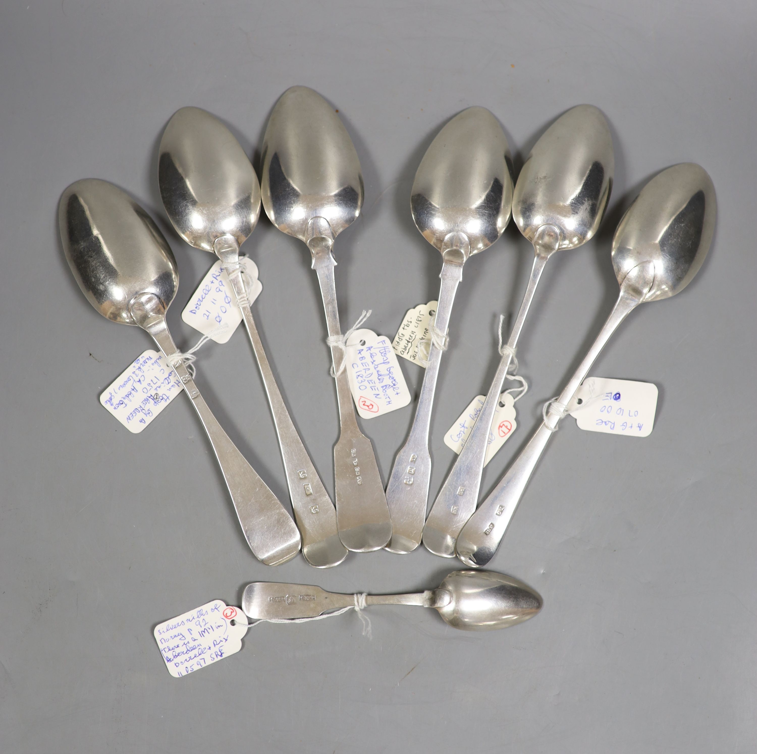 Six assorted 18th & 19th century Scottish provincial Aberdeen silver table spoons, of assorted patterns, including Coline Allen, James Erskine, John Ewan, Peter Lambert, James Gordon and George Booth, longest 22.6cm, tog